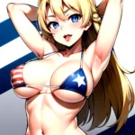1girl American Flag Bikini Armpits Arms Behind Head Bikini Blonde Hair Blue Eyes Blush Breasts Covered Erect Nipples Flag Print, 2749132043