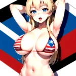 1girl American Flag Bikini Armpits Arms Behind Head Bikini Blonde Hair Blue Eyes Blush Breasts Covered Erect Nipples Flag Print, 2769735505