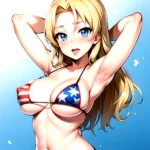 1girl American Flag Bikini Armpits Arms Behind Head Bikini Blonde Hair Blue Eyes Blush Breasts Covered Erect Nipples Flag Print, 2946471699