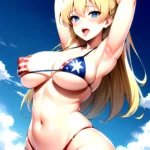 1girl American Flag Bikini Armpits Arms Behind Head Bikini Blonde Hair Blue Eyes Blush Breasts Covered Erect Nipples Flag Print, 3064700826