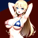 1girl American Flag Bikini Armpits Arms Behind Head Bikini Blonde Hair Blue Eyes Blush Breasts Covered Erect Nipples Flag Print, 3093917012