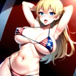 1girl American Flag Bikini Armpits Arms Behind Head Bikini Blonde Hair Blue Eyes Blush Breasts Covered Erect Nipples Flag Print, 3130953798