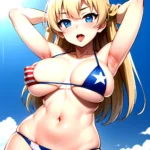 1girl American Flag Bikini Armpits Arms Behind Head Bikini Blonde Hair Blue Eyes Blush Breasts Covered Erect Nipples Flag Print, 3191114529