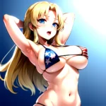 1girl American Flag Bikini Armpits Arms Behind Head Bikini Blonde Hair Blue Eyes Blush Breasts Covered Erect Nipples Flag Print, 336677300
