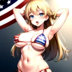 1girl American Flag Bikini Armpits Arms Behind Head Bikini Blonde Hair Blue Eyes Blush Breasts Covered Erect Nipples Flag Print, 3575253502