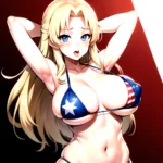 1girl American Flag Bikini Armpits Arms Behind Head Bikini Blonde Hair Blue Eyes Blush Breasts Covered Erect Nipples Flag Print, 3670701740
