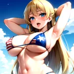 1girl American Flag Bikini Armpits Arms Behind Head Bikini Blonde Hair Blue Eyes Blush Breasts Covered Erect Nipples Flag Print, 3947927263
