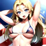 1girl American Flag Bikini Armpits Arms Behind Head Bikini Blonde Hair Blue Eyes Blush Breasts Covered Erect Nipples Flag Print, 4010044271