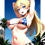 1girl American Flag Bikini Armpits Arms Behind Head Bikini Blonde Hair Blue Eyes Blush Breasts Covered Erect Nipples Flag Print, 402020611