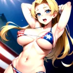 1girl American Flag Bikini Armpits Arms Behind Head Bikini Blonde Hair Blue Eyes Blush Breasts Covered Erect Nipples Flag Print, 4082011535