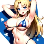 1girl American Flag Bikini Armpits Arms Behind Head Bikini Blonde Hair Blue Eyes Blush Breasts Covered Erect Nipples Flag Print, 4126461912
