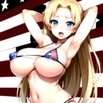 1girl American Flag Bikini Armpits Arms Behind Head Bikini Blonde Hair Blue Eyes Blush Breasts Covered Erect Nipples Flag Print, 446762016