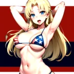 1girl American Flag Bikini Armpits Arms Behind Head Bikini Blonde Hair Blue Eyes Blush Breasts Covered Erect Nipples Flag Print, 85747608