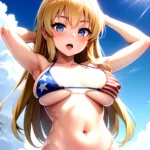 1girl American Flag Bikini Armpits Arms Behind Head Bikini Blonde Hair Blue Eyes Blush Breasts Covered Erect Nipples Flag Print, 876025209