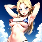 1girl American Flag Bikini Armpits Arms Behind Head Bikini Blonde Hair Blue Eyes Blush Breasts Covered Erect Nipples Flag Print, 938694770