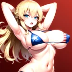 1girl American Flag Bikini Armpits Arms Behind Head Bikini Blonde Hair Blue Eyes Blush Breasts Covered Erect Nipples Flag Print, 978073521