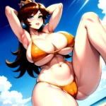 1girl Areola Slip Armpits Arms Behind Head Bikini Blue Eyes Blush Breasts Brown Hair Cleavage Huge Breasts Legs Mario Series, 150272777