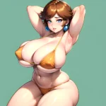 1girl Areola Slip Armpits Arms Behind Head Bikini Blue Eyes Blush Breasts Brown Hair Cleavage Huge Breasts Legs Mario Series, 1766074673