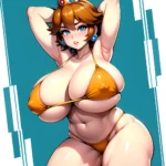 1girl Areola Slip Armpits Arms Behind Head Bikini Blue Eyes Blush Breasts Brown Hair Cleavage Huge Breasts Legs Mario Series, 2031075706
