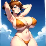 1girl Areola Slip Armpits Arms Behind Head Bikini Blue Eyes Blush Breasts Brown Hair Cleavage Huge Breasts Legs Mario Series, 2157368641