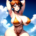 1girl Areola Slip Armpits Arms Behind Head Bikini Blue Eyes Blush Breasts Brown Hair Cleavage Huge Breasts Legs Mario Series, 2463002465