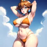 1girl Areola Slip Armpits Arms Behind Head Bikini Blue Eyes Blush Breasts Brown Hair Cleavage Huge Breasts Legs Mario Series, 2595899870