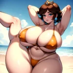 1girl Areola Slip Armpits Arms Behind Head Bikini Blue Eyes Blush Breasts Brown Hair Cleavage Huge Breasts Legs Mario Series, 2782191175