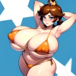 1girl Areola Slip Armpits Arms Behind Head Bikini Blue Eyes Blush Breasts Brown Hair Cleavage Huge Breasts Legs Mario Series, 2950327542