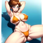 1girl Areola Slip Armpits Arms Behind Head Bikini Blue Eyes Blush Breasts Brown Hair Cleavage Huge Breasts Legs Mario Series, 2952349987