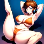 1girl Areola Slip Armpits Arms Behind Head Bikini Blue Eyes Blush Breasts Brown Hair Cleavage Huge Breasts Legs Mario Series, 3172747419