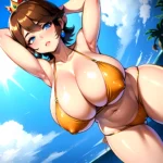 1girl Areola Slip Armpits Arms Behind Head Bikini Blue Eyes Blush Breasts Brown Hair Cleavage Huge Breasts Legs Mario Series, 3373918813