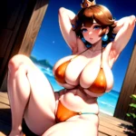 1girl Areola Slip Armpits Arms Behind Head Bikini Blue Eyes Blush Breasts Brown Hair Cleavage Huge Breasts Legs Mario Series, 3504599744
