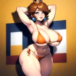 1girl Areola Slip Armpits Arms Behind Head Bikini Blue Eyes Blush Breasts Brown Hair Cleavage Huge Breasts Legs Mario Series, 3554906560