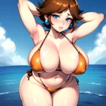 1girl Areola Slip Armpits Arms Behind Head Bikini Blue Eyes Blush Breasts Brown Hair Cleavage Huge Breasts Legs Mario Series, 3649031433