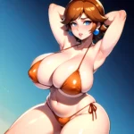1girl Areola Slip Armpits Arms Behind Head Bikini Blue Eyes Blush Breasts Brown Hair Cleavage Huge Breasts Legs Mario Series, 3712463918