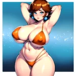 1girl Areola Slip Armpits Arms Behind Head Bikini Blue Eyes Blush Breasts Brown Hair Cleavage Huge Breasts Legs Mario Series, 3976497150