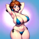 1girl Areola Slip Armpits Arms Behind Head Bikini Blue Eyes Blush Breasts Brown Hair Cleavage Huge Breasts Legs Mario Series, 4014583602