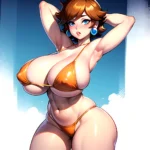 1girl Areola Slip Armpits Arms Behind Head Bikini Blue Eyes Blush Breasts Brown Hair Cleavage Huge Breasts Legs Mario Series, 4160665235
