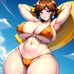 1girl Areola Slip Armpits Arms Behind Head Bikini Blue Eyes Blush Breasts Brown Hair Cleavage Huge Breasts Legs Mario Series, 819016749