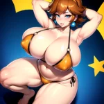 1girl Areola Slip Armpits Arms Behind Head Bikini Blue Eyes Blush Breasts Brown Hair Cleavage Huge Breasts Legs Mario Series, 965685491