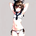 1girl Arms Up Arms Behind Head Bikini Bob Cut Brown Eyes Brown Hair Commentary Request Cosplay Cowboy Shot Flat Chest, 1170985969