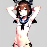 1girl Arms Up Arms Behind Head Bikini Bob Cut Brown Eyes Brown Hair Commentary Request Cosplay Cowboy Shot Flat Chest, 1342688373