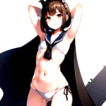 1girl Arms Up Arms Behind Head Bikini Bob Cut Brown Eyes Brown Hair Commentary Request Cosplay Cowboy Shot Flat Chest, 1590079815