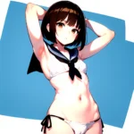 1girl Arms Up Arms Behind Head Bikini Bob Cut Brown Eyes Brown Hair Commentary Request Cosplay Cowboy Shot Flat Chest, 2326371451
