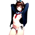 1girl Arms Up Arms Behind Head Bikini Bob Cut Brown Eyes Brown Hair Commentary Request Cosplay Cowboy Shot Flat Chest, 3003874846