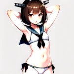 1girl Arms Up Arms Behind Head Bikini Bob Cut Brown Eyes Brown Hair Commentary Request Cosplay Cowboy Shot Flat Chest, 3193946632