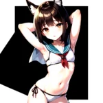 1girl Arms Up Arms Behind Head Bikini Bob Cut Brown Eyes Brown Hair Commentary Request Cosplay Cowboy Shot Flat Chest, 337167829