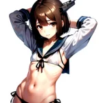 1girl Arms Up Arms Behind Head Bikini Bob Cut Brown Eyes Brown Hair Commentary Request Cosplay Cowboy Shot Flat Chest, 3406349358