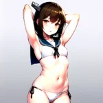 1girl Arms Up Arms Behind Head Bikini Bob Cut Brown Eyes Brown Hair Commentary Request Cosplay Cowboy Shot Flat Chest, 3773691325
