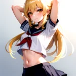 1girl Arms Up Arms Behind Head Blonde Hair Blue Skirt Bow Crop Top Crop Top Overhang Genshin Impact Gradient Background, 1018377141